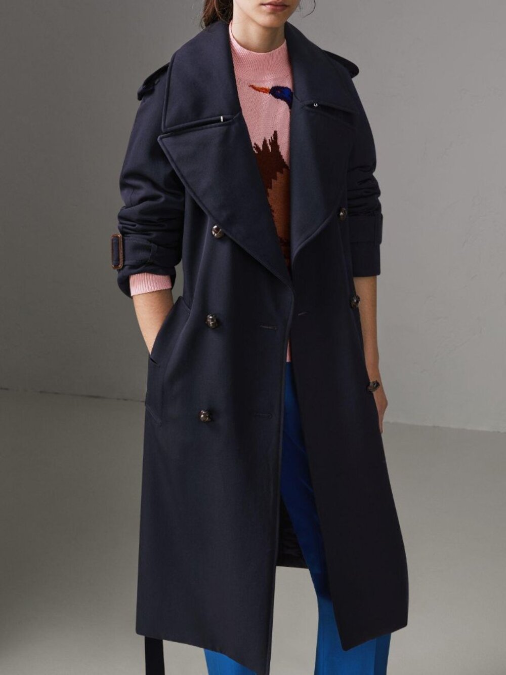 NWT Burberry Oversize Wool Wide Lapel Belted Trench Coat, Blue, US12/UK14